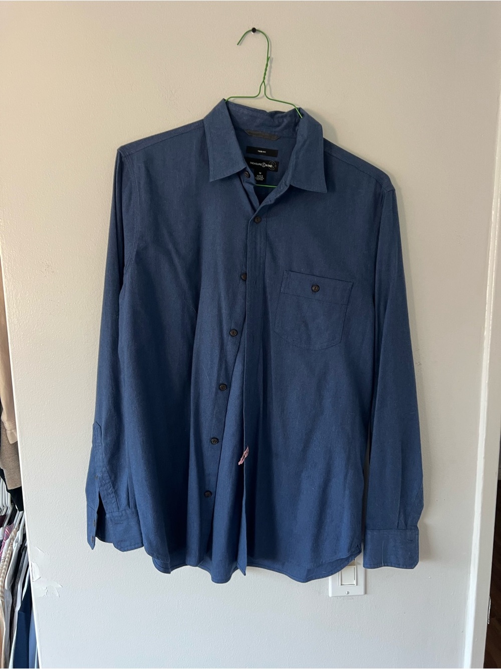 Treasure & Bond Navy Blue Trim Fit Button-Up Shirt